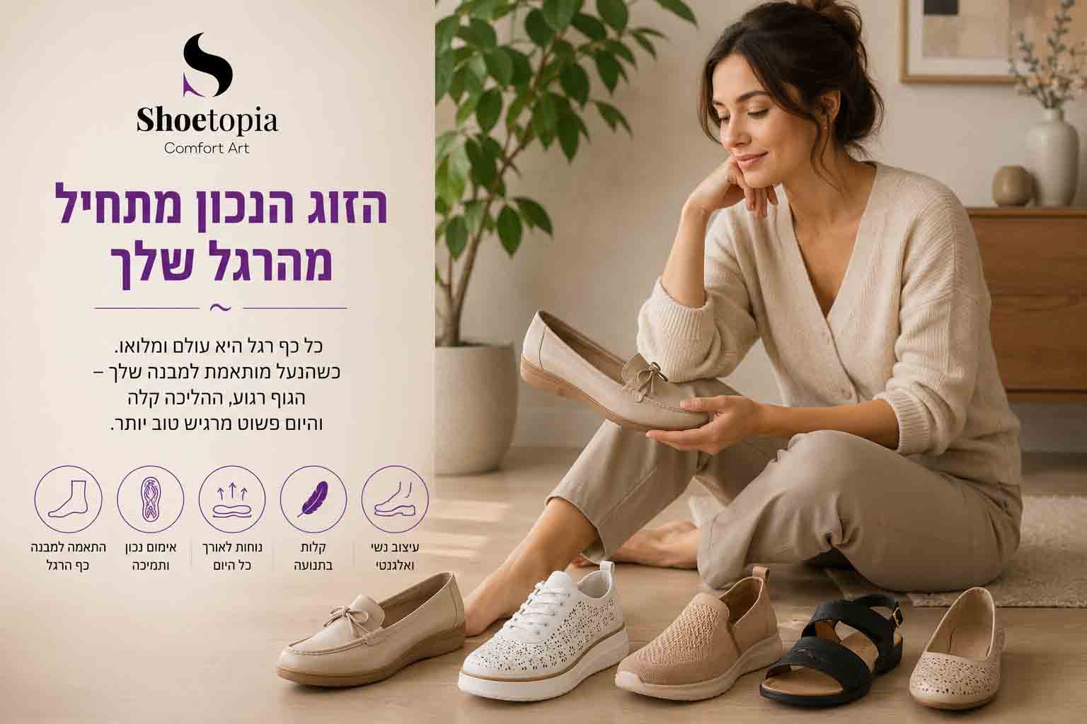 אישה בוחרת נעלי נוחות של שוטופיה לפי מבנה כף הרגל