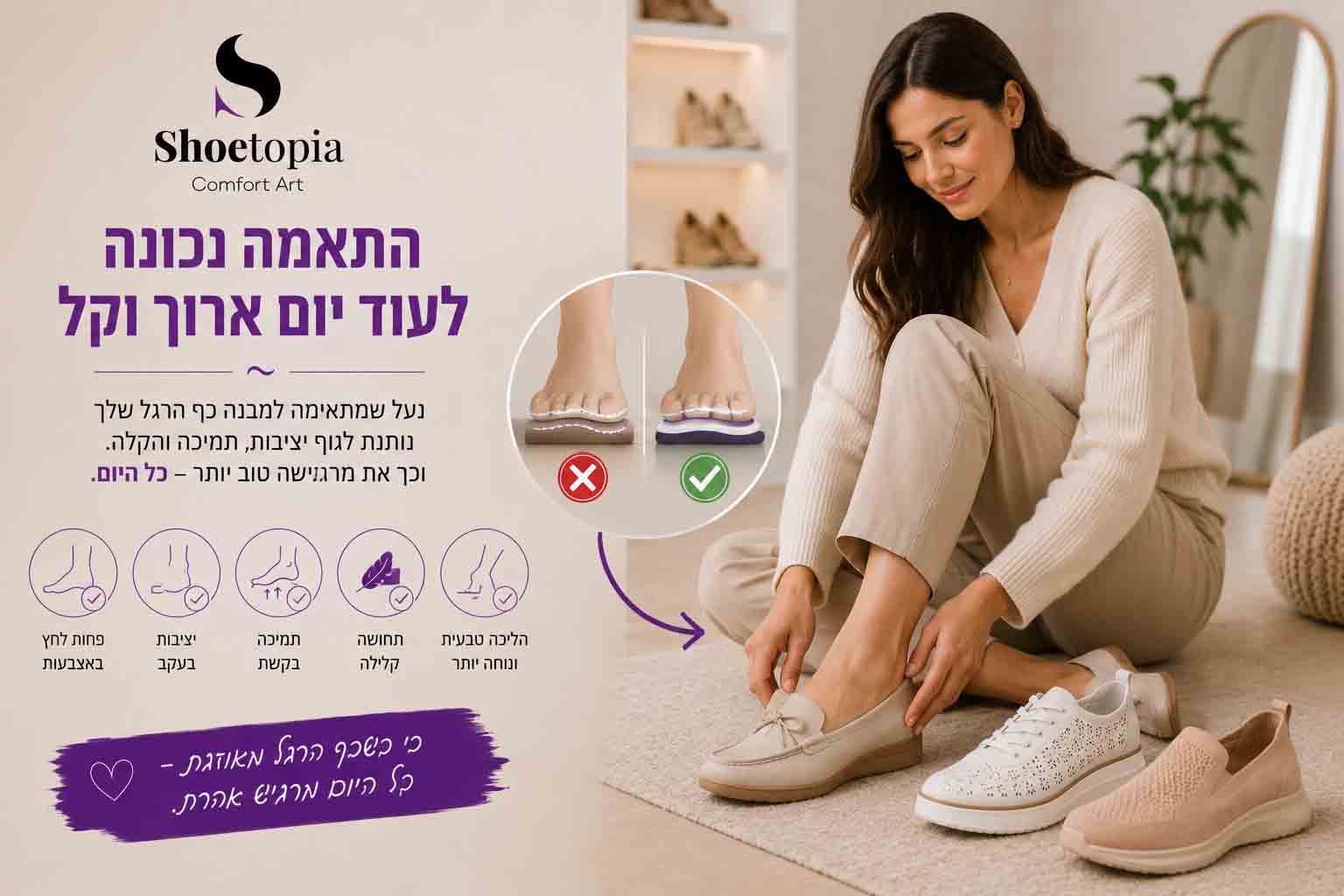 אישה מודדת נעלי נוחות עם קדמת נעל מרווחת להתאמה לכף רגל רחבה