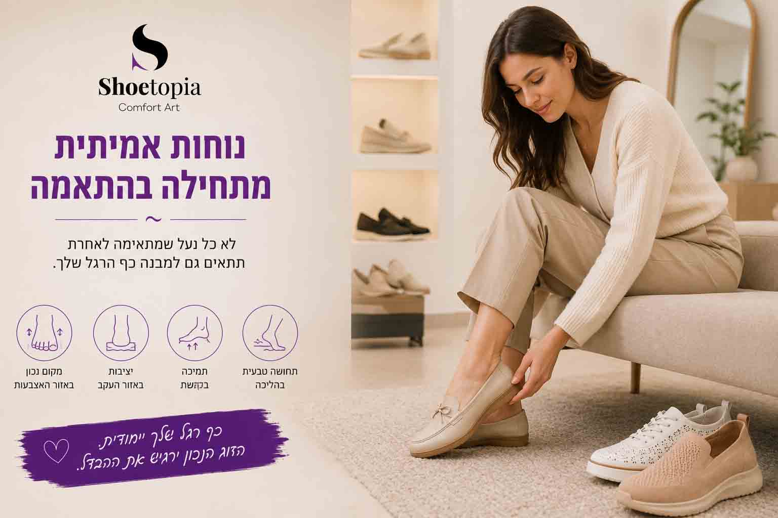 אישה מודדת נעלי נוחות של שוטופיה ובודקת התאמה למבנה כף הרגל